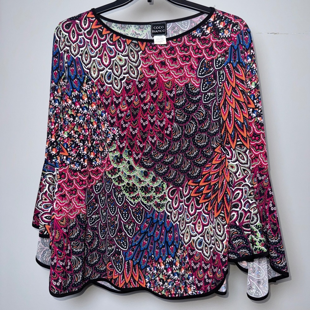 Coco Bianco Peacock Print Bell Sleeve Blouse XL Multi-Color Paisley Scoop Neck